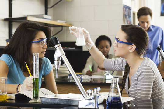High school students conducting experiment in chemistry class