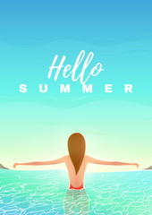 Hello summer poster with beautiful girl. Sunshine background with sea landscape and woman in swimsuit in water. Vector illustration. Vacation backdrop.