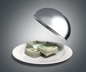 Concepts of fast money credit money hundred dollar bills in Restaurant cloche with open lid 3d render on grery