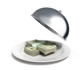 Concepts of fast money credit money hundred dollar bills in Restaurant cloche with open lid 3d render