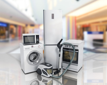 Home appliances Group of white refrigerator washing machine stove microwave oven vacuum cleaner 3d render on glass flor
