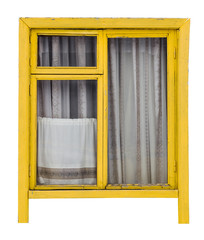 Old yellow window on white background isolated with clipping path