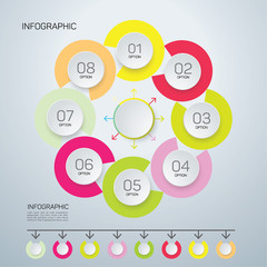 Fototapeta na wymiar Infographic circle with 8 options. Round chart for business infographics with the set of flat icons and design elements. Can be used for web, diagram, chart, graph, report, step options.
