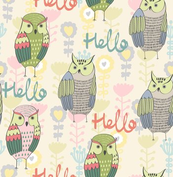 Vector seamless pattern with owls and flowers. Hello.