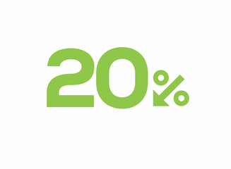 Vector green 20% text designed with an arrow percent icon isolated on white background. For spring sale campaigns. 