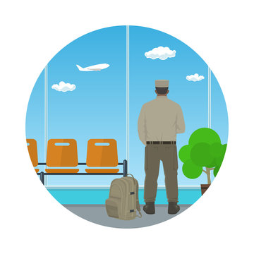 Man in Uniform Looking out the Window in a Waiting Room, Icon Waiting Hall with a Man, Flat Design, Vector Illustration