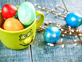 Easter Pussy-willow and Easter egg on authentic background. Happy Easter card