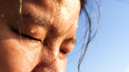 Close up  sweating on face of young asian women