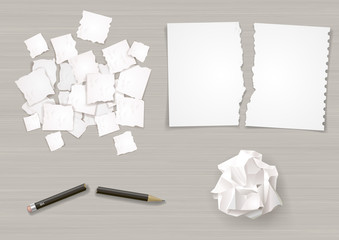 Set of different crumpled and torn sheets of paper. Broken pencil. Vector graphics.