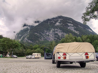 Cars and caravans on parking lot