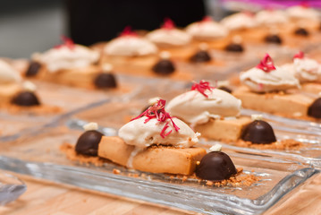 Molecular dessert of dark and white chocolate