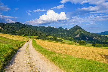 Idyllic rural scenery with fields in the environment of mountains and clouds on the blue sky. Pieniny National Park. Malopolska, Poland.
