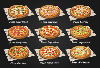 Vector illustration of a Pizza menu including popular pizza varieties, Neapolitan, Italian Supreme, Mexican, Hawaiian, Mushroom, Margherita and Pepperoni Pizza. - obrazy, fototapety, plakaty