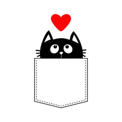 Black cat in the pocket looking up to red heart. T-shirt design. Cute cartoon character. Kawaii animal. Love Greeting card. Flat design style. White background. Isolated.