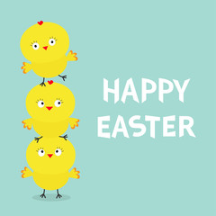 Chicken pyramid family set. Farm animal. Happy Easter. Cute cartoon funny character. Three baby chick bird friends. Greeting card. Blue background. Flat design.