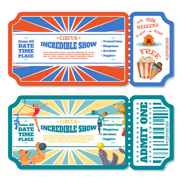 Circus magic show entrance tickets templates. Vector illustration