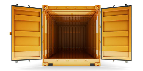 Freight transportation and shipping concept, front view of open empty cargo container with open doors, isolated on white background - obrazy, fototapety, plakaty