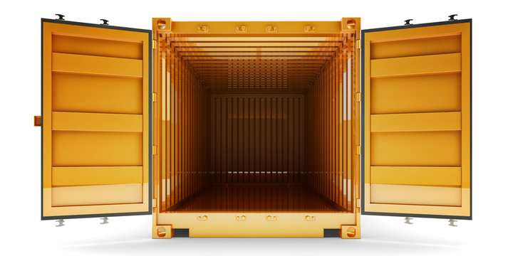 Freight transportation and shipping concept, front view of open empty cargo container with open doors, isolated on white background
