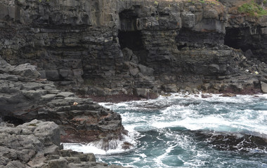 Shore with cliffs and caves and blue sea and waves