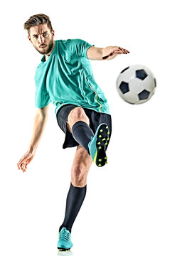 Fototapeta one caucasian soccer player man isolated on white background