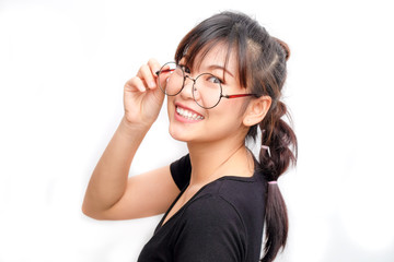Casual black shirt asian women with glasses