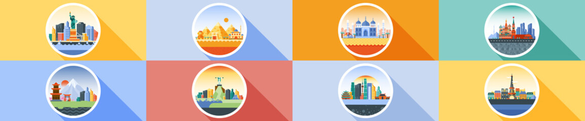 Vector horizontal icon circle flat style architecture buildings town city country travel Moscow Russian capital France, Paris, Japan, India, Egypt, pyramids, China, Brazil, USA
