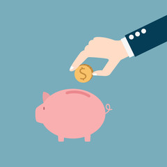 hand putting coin into a piggy bank,saving and investing money concept.illustration.