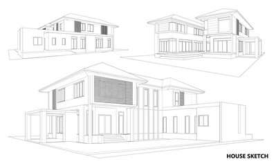 Perspective 3D render of building wireframe.