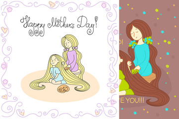 Mother's day card. Mother with daughter. Vector line illustration with lettering. Happy mother's day card. Redhead mom and daughter. Mother combing daughter's hair. Sleeping cat and kitten