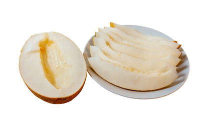 Slices of ripe melon on  white plate isolated on  white background