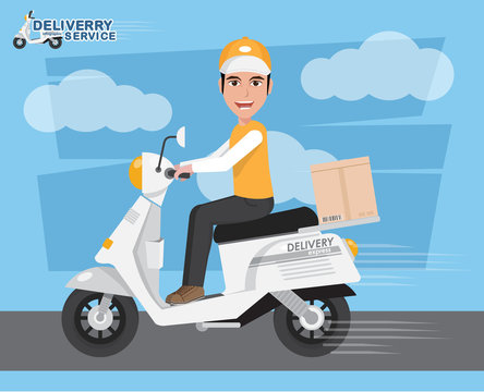 Delivery Man Ride Scooter Motorcycle Service, Order, Worldwide Shipping, Fast Transport