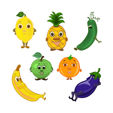 A set of funny fruits and vegetables with muzzles