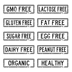 Set of grunge black square rubber stamp about food  allergen and safety