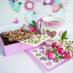 five o'clock tea. Tea, chocolate, donuts 