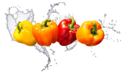 Water splash and vegetables isolated on white backgroud. Fresh bell pepper