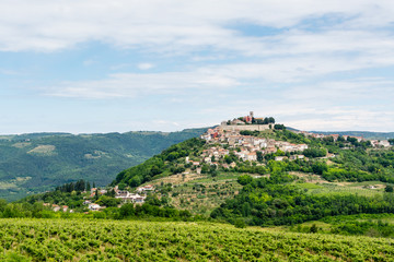An ancient  small town on a hill, bottom view. Panoramic view to Motovun, small town Istria, Croatia.
