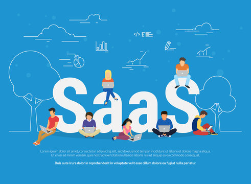 Software as service concept illustration of young men and women using devices such as laptop, smartphone, tablets for cloud software. Flat design of people subscribed to saas sitting on the letters