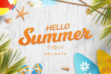 Hello summer vacation. Holiday motivational image with text. Palms, ball, surfboard, sunglasses, map, starfish, slipers and shell beside.