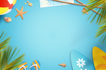Summer beach vacation travel background image with free space for text. Items for entertainment at beach in the shade of palm trees.