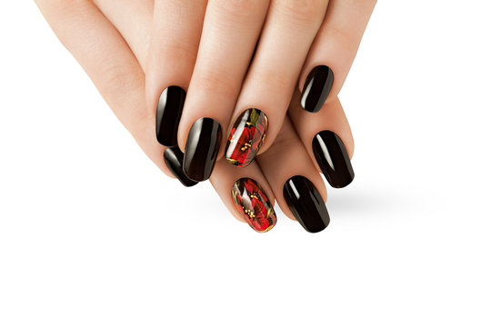 Female hands with red black nails.