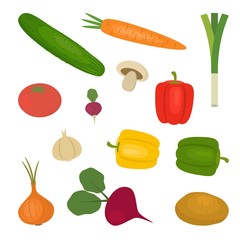 Set of vegetables, isolated on a white background. There is a potato, a tomato, a cucumber, onion, garlic, mushroom, carrot, beet, sweet pepper, radishes in the picture. Raster illustration