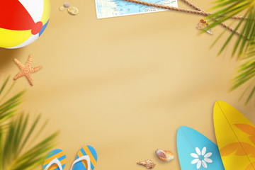 Beach in summer time surrounded with objects for fun. In the shade of palm trees. Free space for...