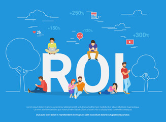 ROI vector illustration of young people using devices for buying new apps and digital goods increasing buyer rate. Flat concept design of return on investment and ecommerce rate analysis and research