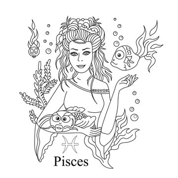 Pisces zodiac sign as a beautiful girl coloring page. Vector illustration isolated.
