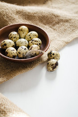 Fototapeta na wymiar Fresh Organic Quail Eggs in a Ceramic Bowl.