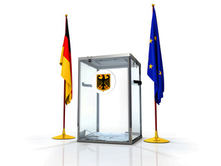 Realistic empty transparent ballot box with voting paper and flag of Germany and Europe Union, 3d illustration