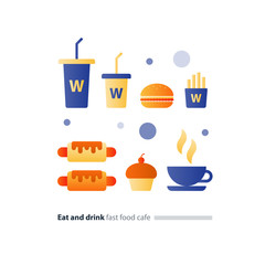 Eat and drink set of fast food flat icons, cafe menu items