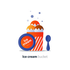 Ice cream bucket dessert, three scoops, tasty flavor, cool refreshing dessert