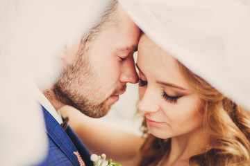Dreamy bride and groom hug under the veil tender
