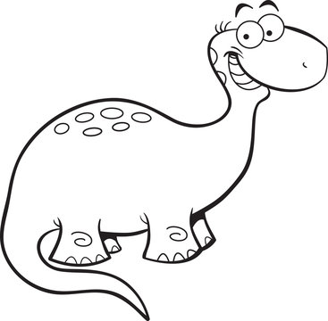 Black and white illustration of a smiling dinosaur.